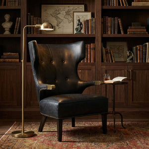 Heracles Leather Accent Chair with Walnut Base and Antique Brass Hardware for Living Room