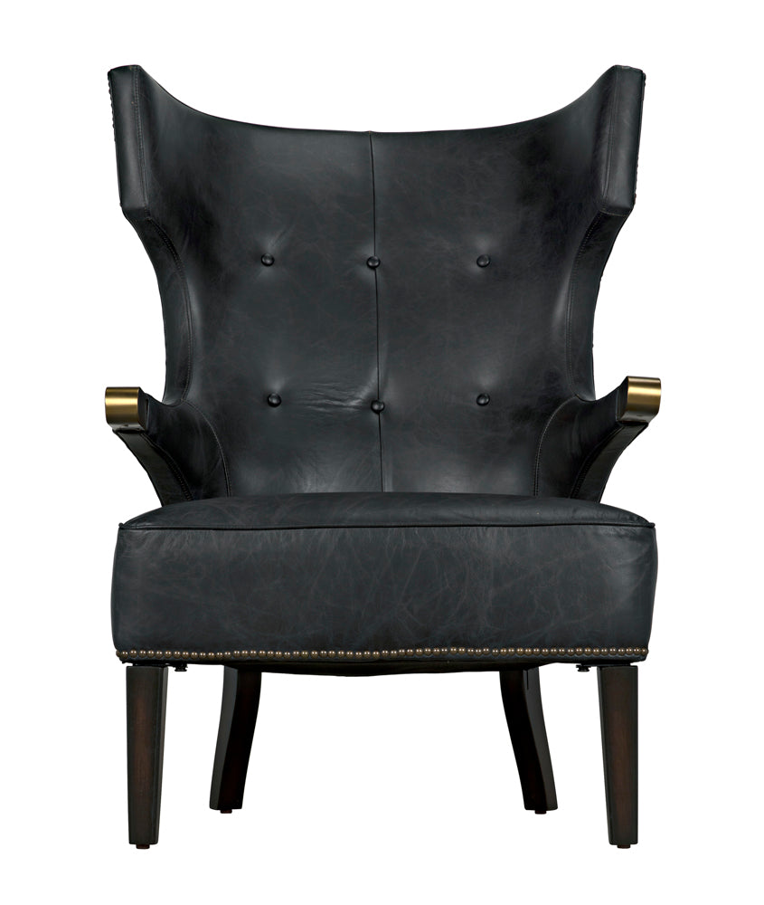 Noir Heracles Leather Accent Chair with Walnut Base and Antique Brass Hardware for Living Room LEA-C0387-1D