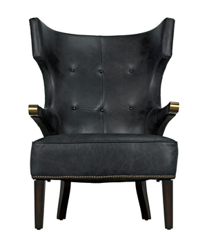 Heracles Leather Accent Chair with Walnut Base and Antique Brass Hardware for Living Room