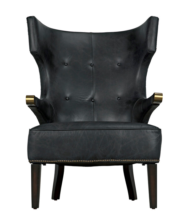 Heracles Leather Accent Chair with Walnut Base and Antique Brass Hardware for Living Room