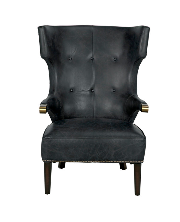 Heracles Leather Accent Chair with Walnut Base and Antique Brass Hardware for Living Room