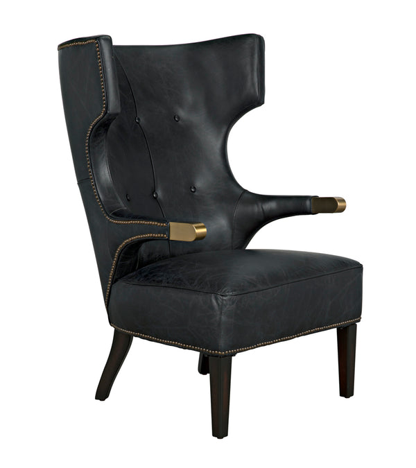 Heracles Leather Accent Chair with Walnut Base and Antique Brass Hardware for Living Room