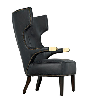 Heracles Leather Accent Chair with Walnut Base and Antique Brass Hardware for Living Room