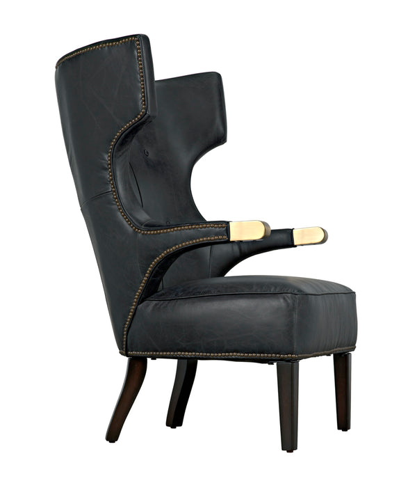 Heracles Leather Accent Chair with Walnut Base and Antique Brass Hardware for Living Room