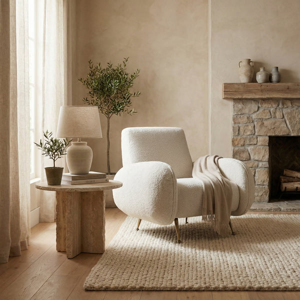 Hera Sculptural Boucle Accent Chair with Antique Brass Base for Modern Interiors