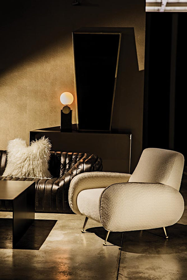 Hera Sculptural Boucle Accent Chair with Antique Brass Base for Modern Interiors