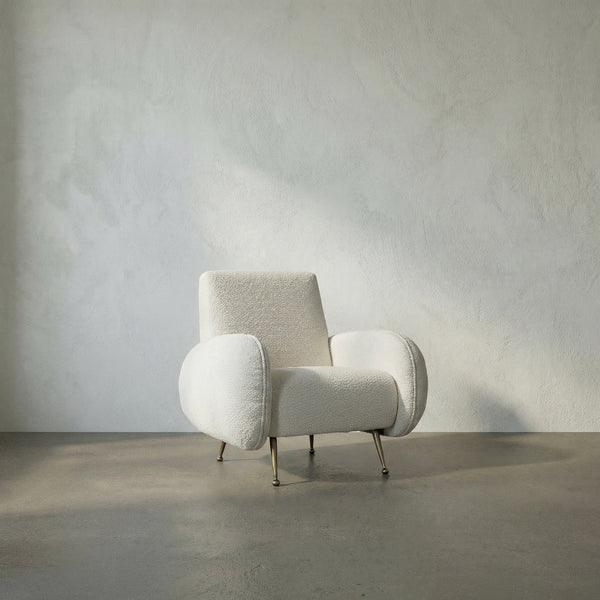 Hera Sculptural Boucle Accent Chair with Antique Brass Base for Modern Interiors
