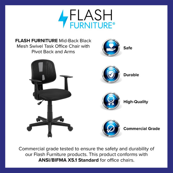 English Elm Flash Fundamentals Mid-Back Mesh Office Chair - Breathable Design with Pivot Back and Lumbar Support Black LF-134-A-BK-GG