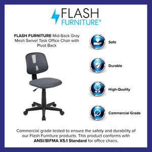 English Elm Flash Fundamentals Mid-Back Mesh Task Chair with Pivot Back for Enhanced Comfort and Support Gray LF-134-GY-GG