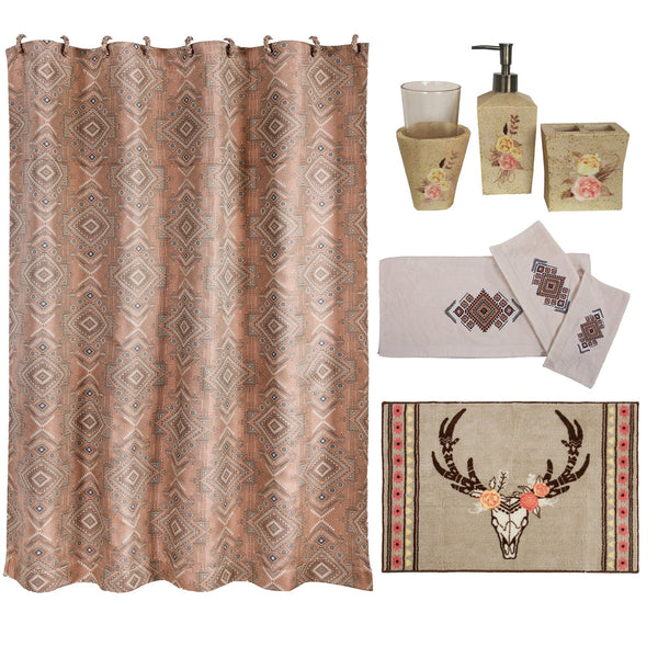 Hiend Accents Sedona 8 Piece Bathroom Collection - Transform Your Space With Stylish Southwestern Elegance!  Materials, Shower Curtain, 100% Polyester,Towel Set,  95% Cotton,5% Polyester,Bath Accessory Set, Resin,Glass,Bath Rug, 100% Acrylic,Latex Backing. Lf1811