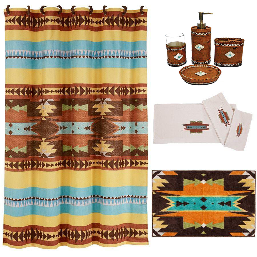 Hiend Accents Mesa Bathroom Lifestyle Set - 9-piece Southwestern Charm For A Serene Retreat In Your Home  Materials, Shower Curtain, 100% Polyester,Towel Set,  95% Cotton,5% Polyester,Bath Accessory Set, Resin,Glass,Bath Rug, 100% Acrylic,Latex Backing. Lf1813b1