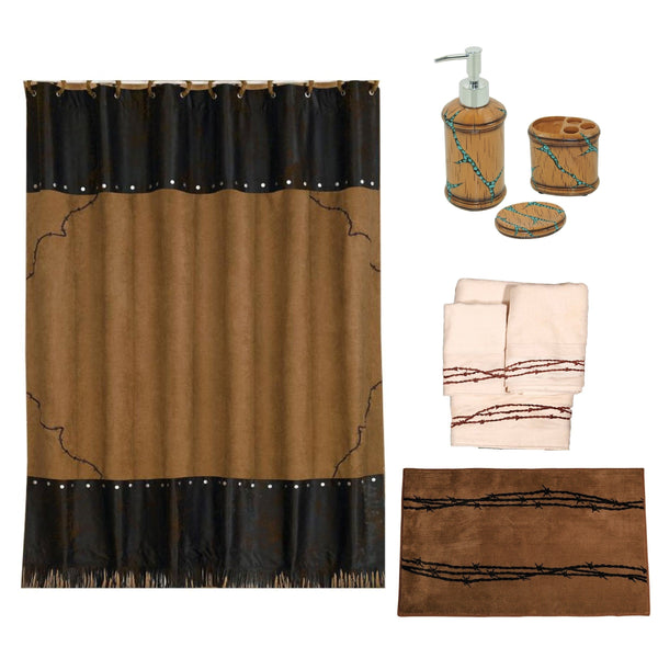 Hiend Accents Barbwire 8-piece Bathroom Lifestyle Set - Rustic Elegance With Turquoise Accents & Chic Fringes  Material,  Shower Curtain 100% Polyester,Towel Set 95% Cotton,5% Polyester,Bath Accessories, Ceramic,Bath Rug, 100% Acrylic,Latex Backing Lf3190