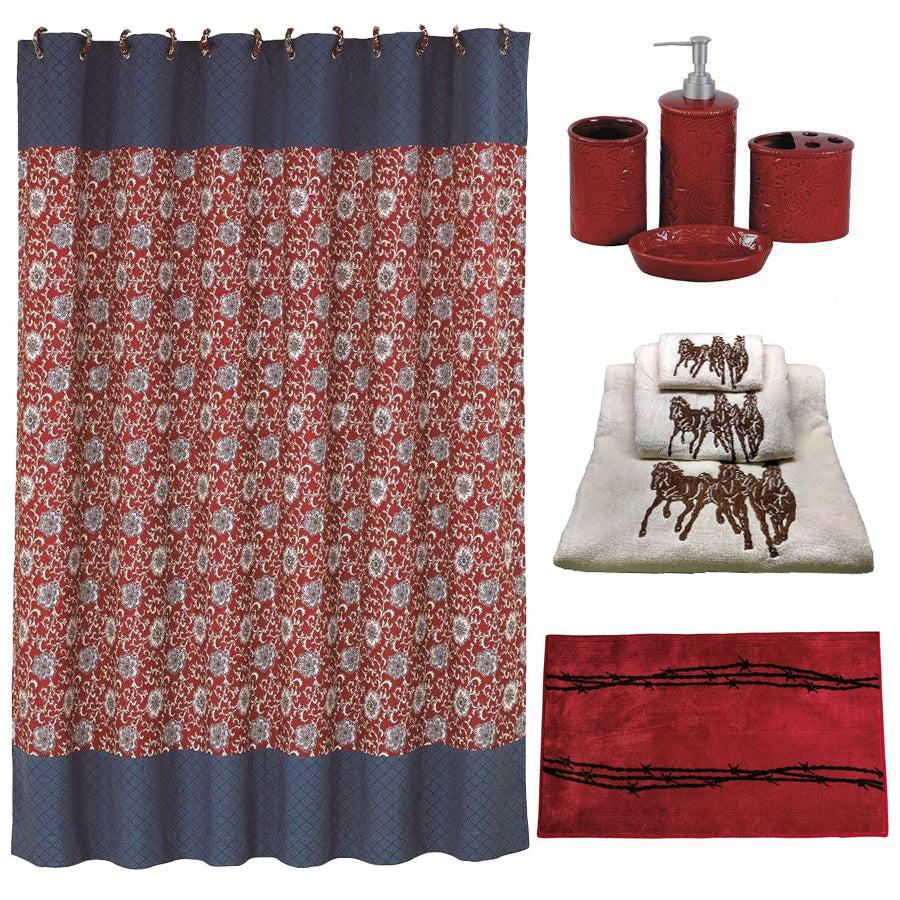 Hiend Accents Red Savannah Bathroom Lifestyle Set - 9-piece Collection Blending Western Charm With Modern Elegance Red Shower Curtain, 100% Polyester. Towel Set, 95% Cotton,5% Polyester. Bathroom Set, Ceramic. Rug, 100% Acrylic With Anti,Slip Latex Backing. Lf4001b1-os-rd