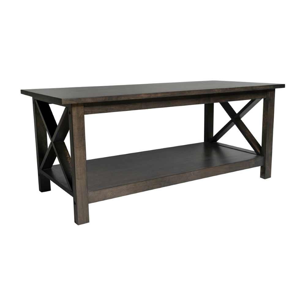 English Elm Jasper Farmhouse Solid Wood Coffee Table with X-Frame Design, Storage Shelf, and Floor Protection Dark Gray LFS-2007-DKGRY-GG