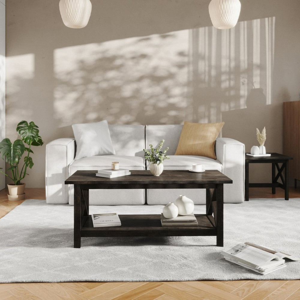 English Elm Jasper Farmhouse Solid Wood Coffee Table with X-Frame Design, Storage Shelf, and Floor Protection Dark Gray LFS-2007-DKGRY-GG