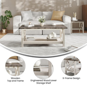 English Elm Jasper Farmhouse Solid Wood Coffee Table with X-Frame Design, Storage Shelf, and Floor Protection Acacia Gray Top/Rustic White Frame LFS-2007-GRYWHT-GG