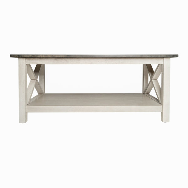 English Elm Jasper Farmhouse Solid Wood Coffee Table with X-Frame Design, Storage Shelf, and Floor Protection Acacia Gray Top/Rustic White Frame LFS-2007-GRYWHT-GG