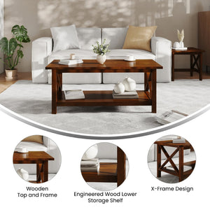 English Elm Jasper Farmhouse Solid Wood Coffee Table with X-Frame Design, Storage Shelf, and Floor Protection Walnut LFS-2007-WAL-GG