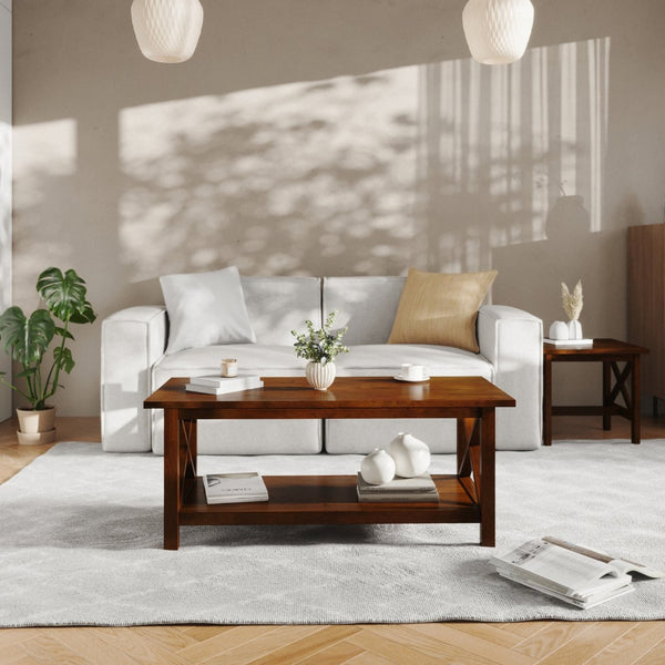 English Elm Jasper Farmhouse Solid Wood Coffee Table with X-Frame Design, Storage Shelf, and Floor Protection Walnut LFS-2007-WAL-GG