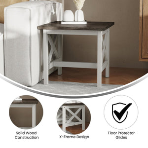English Elm Jasper Farmhouse Style Solid Wood End Table with X-Frame Design for Timeless Living Room Appeal Acacia Gray Top/Rustic White Frame LFS-4002-GRYWHT-GG