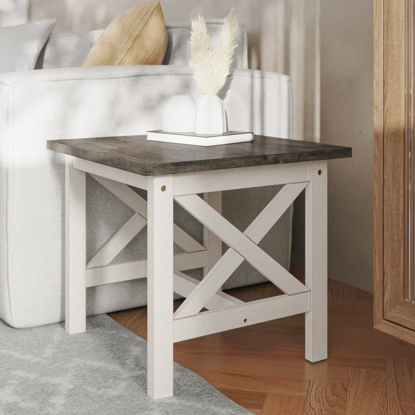 English Elm Jasper Farmhouse Style Solid Wood End Table with X-Frame Design for Timeless Living Room Appeal Acacia Gray Top/Rustic White Frame LFS-4002-GRYWHT-GG