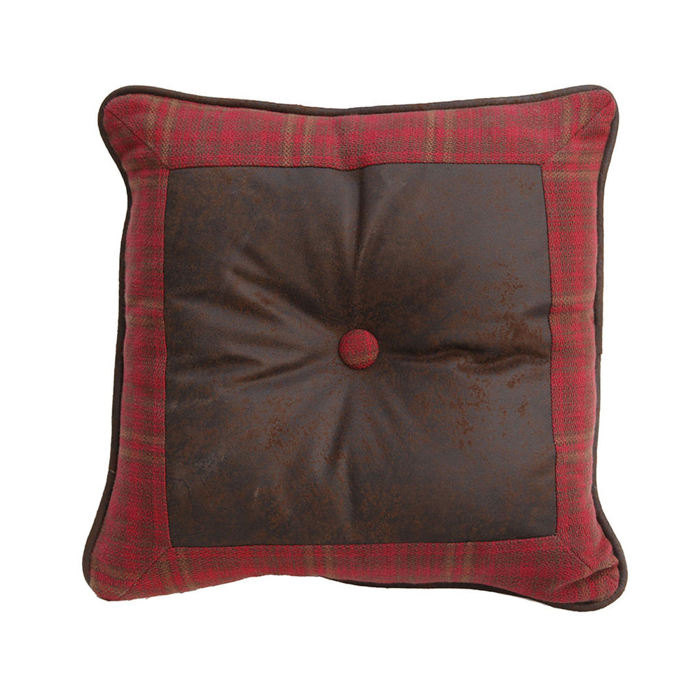 Hiend Accents Cascade Lodge Faux Leather Throw Pillow - Rustic Plaid Design For Cozy Home Decor And Comfort Brown,Red Shell, 100% Polyester,Fill, 100% Waterfowl Feathers Lg1845p2