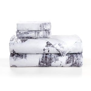 Hiend Accents Ski Toile Lyocell Sheet Set - Luxurious 3-piece Bedding With Beautiful Watercolor Ski Print Design Gray 100% Lyocell Lg2338ss-tw-gy
