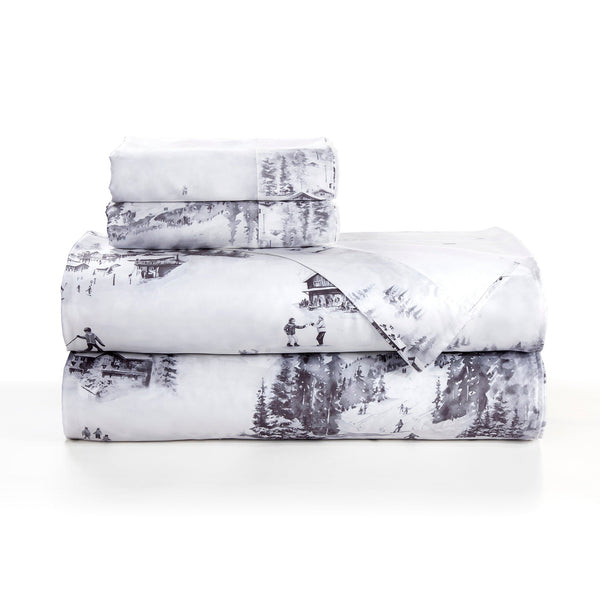 Hiend Accents Ski Toile Lyocell Sheet Set - Luxurious 3-piece Bedding With Beautiful Watercolor Ski Print Design Gray 100% Lyocell Lg2338ss-tw-gy