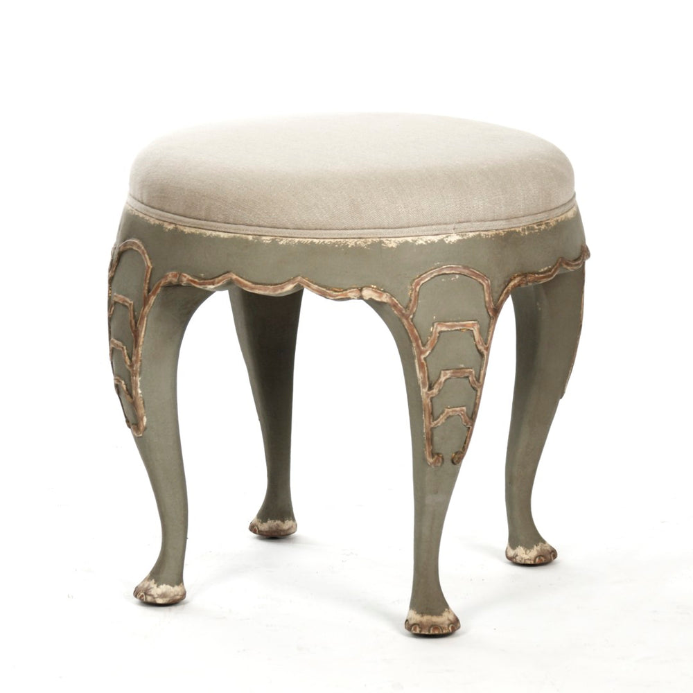 Zentique Leo Stool - Rustic Birch Wood Beauty With Distressed Olive Green Finish & Soft Beige Linen Upholstery Distressed Olive Green,Beige Linen Birch Li-s10-18-32