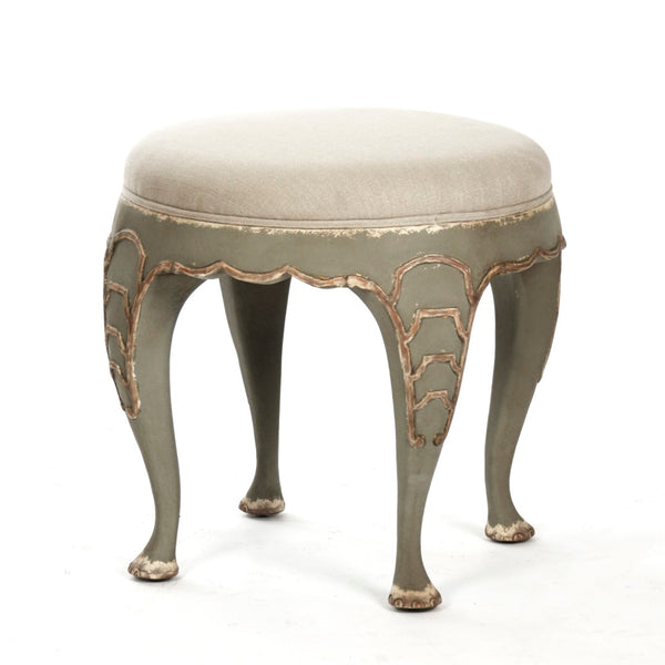 Zentique Leo Stool - Rustic Birch Wood Beauty With Distressed Olive Green Finish & Soft Beige Linen Upholstery Distressed Olive Green,Beige Linen Birch Li-s10-18-32