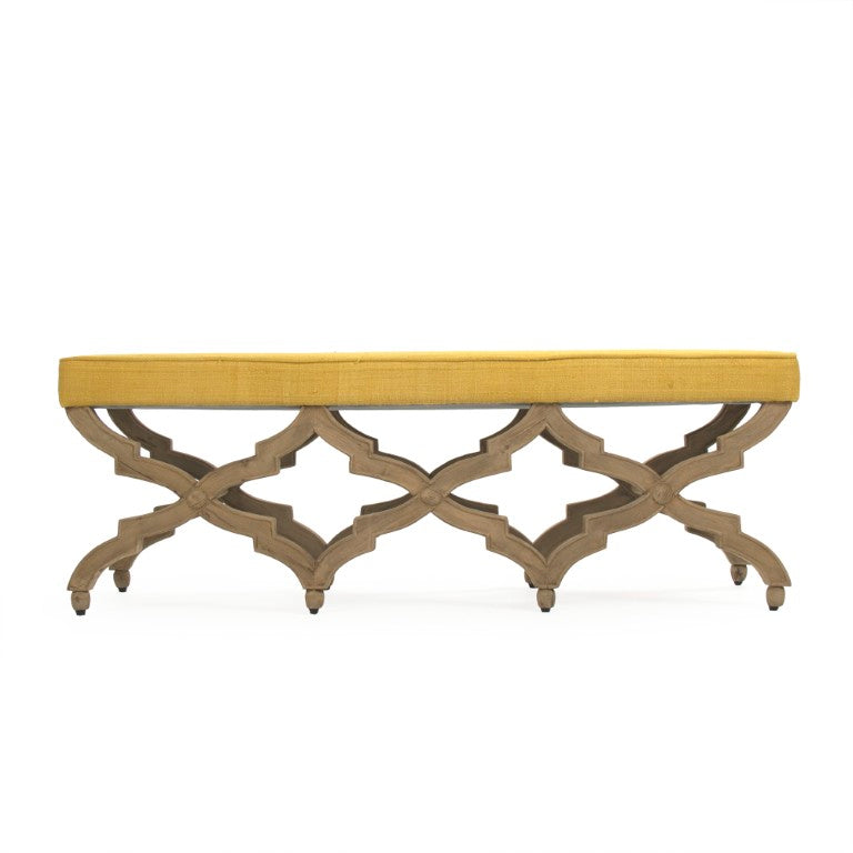 Zentique Judith Yellow Upholstered Bench – Mid-Century Modern Low-Profile Seat, Raw Silk, Birch Frame, 57" LI-S13-18-100 Yellow