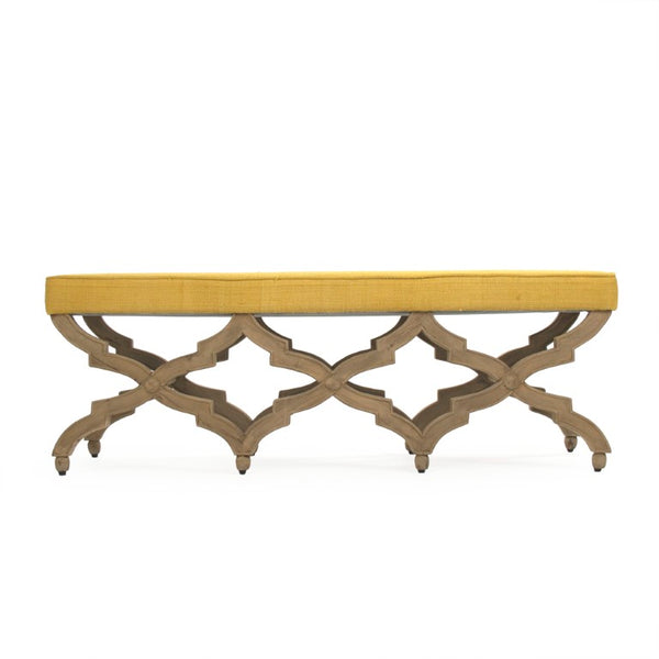 Zentique Judith Yellow Upholstered Bench – Mid-Century Modern Low-Profile Seat, Raw Silk, Birch Frame, 57" LI-S13-18-100 Yellow