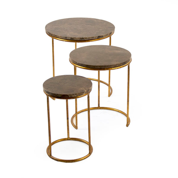 Zentique Clovis Nesting Side Tables Set Of 3 - Modern Elegance With Gold Accents & Marble Tops For Your Home Gold Leaf,Brown Marble Steel,Marble Li-s15-13-137
