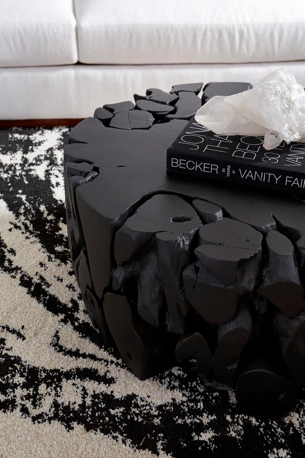 Phillips Collection Teak Chunk Round Coffee Table - Handcrafted Unique Design With Dark Charcoal Finish For Modern Spaces Black Wood ,Teak Id104053