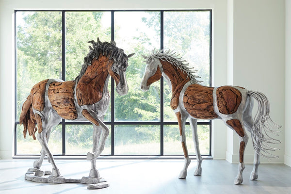 Phillips Collection Mustang Horse Woodland Sculpture By Artist Timbul Raharjo, Handcrafted Walking Design In Metal Brown,Gray Wood ,Teak Id113405