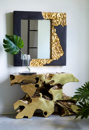 Phillips Collection Mercury Square Decorative Mirror With Unique Fluted Frame And Otherworldly Planet-inspired Design Black,Gold Resin,Resin Composite Ph100843