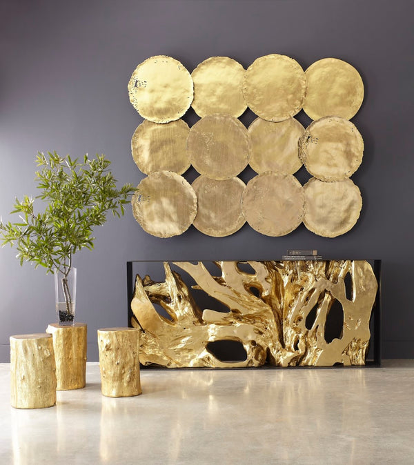 Phillips Collection Cast Oil Drum Wall Discs Set Of 4 – Edgy Gold Leaf Decorative Art For Modern Organic Spaces Gold Resin Ph60516