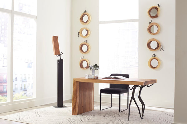 Phillips Collection Atlas Cross Cut Mirror – Decorative Round Design In Chamcha Wood With Whimsical Bronze Figure Accent Black,Brown Wood ,Chamcha Wood Th101640