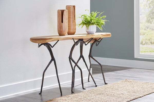 Phillips Collection Atlas Console Table - Stunning Natural Finish With Unique Metal Support For Timeless Elegance Brown,Black Wood ,Chamcha Wood Th106036
