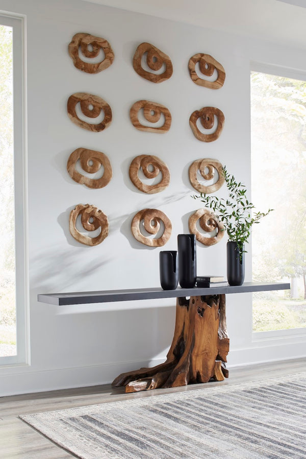 Phillips Collection Teak Console Table With Iron Top - Modern Organic Design, Unique Wood Graining & Elemental Style Brown,Black Wood ,Teak Th89260