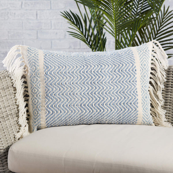 Jaipur Living Vibe by Jaipur Living Iker Chevron Woven Lumbar Pillow Bohemian Tassel Trim Patio Sofa Light Blue PLW103711