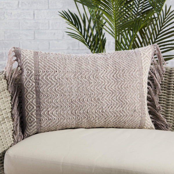 Jaipur Living Vibe by Jaipur Living Iker Chevron Woven Lumbar Pillow Cover Indoor Outdoor Boho Tassel Trim Taupe PLC102434