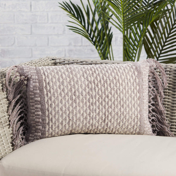 Jaipur Living Vibe by Jaipur Living Liri Bohemian Geometric Lumbar Pillow Cover with Tassel Trim Taupe 13" x 21" PLC102438
