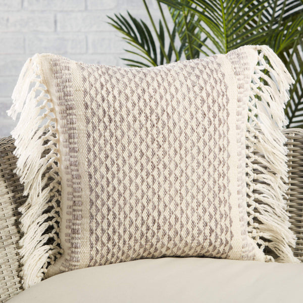 Jaipur Living Vibe by Jaipur Living Liri Bohemian Geometric Lumbar Pillow Cover with Tassel Trim Taupe 18" x 18" PLC102440