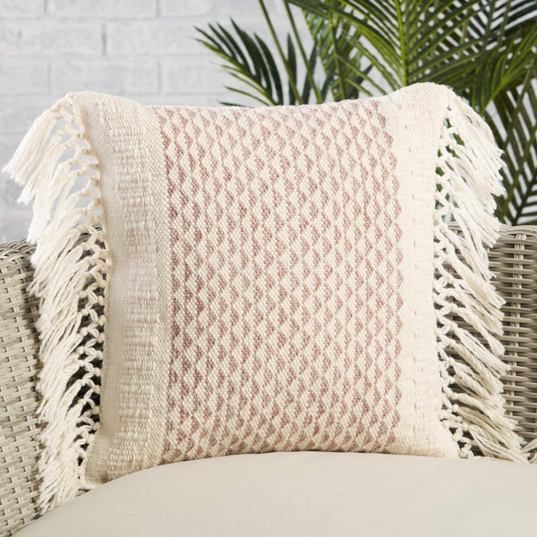 Jaipur Living Vibe by Jaipur Living Liri Bohemian Geometric Lumbar Pillow Cover with Tassel Trim Light Burgundy 18" x 18" PLC102441