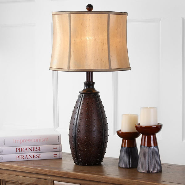 Safavieh LEATHER Table Lamps - Elegant Two-Tone Silk Shades, Rich Brown Polyresin Base, Perfect for Any Room LIT4038A-SET2