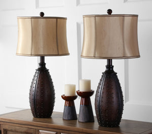 Safavieh LEATHER Table Lamps - Elegant Two-Tone Silk Shades, Rich Brown Polyresin Base, Perfect for Any Room LIT4038A-SET2