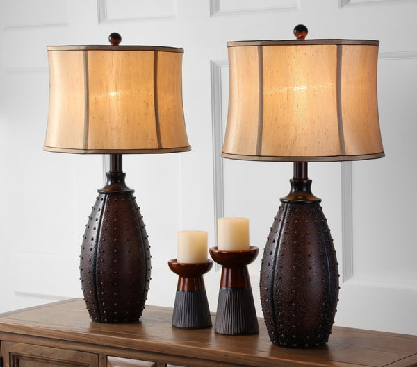 Safavieh LEATHER Table Lamps - Elegant Two-Tone Silk Shades, Rich Brown Polyresin Base, Perfect for Any Room LIT4038A-SET2
