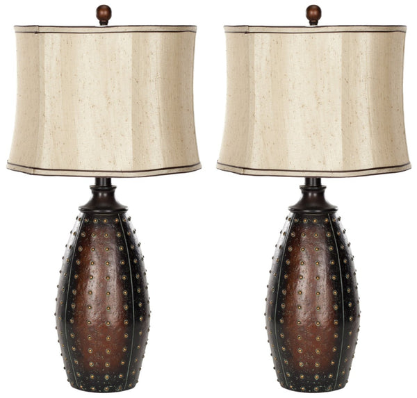 Safavieh LEATHER Table Lamps - Elegant Two-Tone Silk Shades, Rich Brown Polyresin Base, Perfect for Any Room LIT4038A-SET2