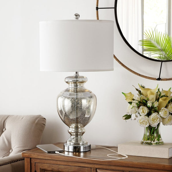 Safavieh MOROCCO, 28 Inch Mercury Glass & Metal Table Lamp Set of 2 with USB Port for Stylish Ambiance LIT4052E-SET2-U